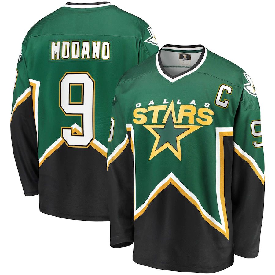 Men Dallas Stars #9 Mike Modano Fanatics Branded Kelly Green Black Premier Breakaway Retired Player NHL Jersey